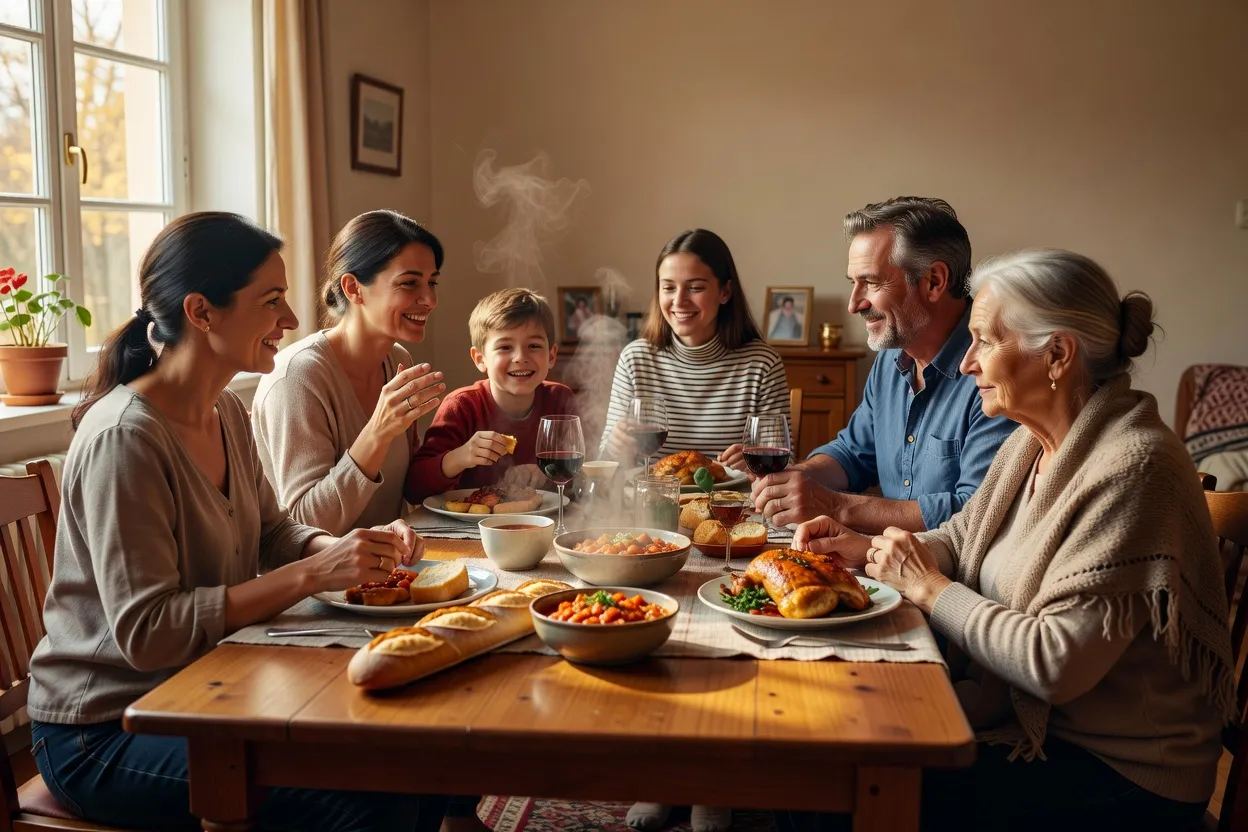 Famille française échangeant avec une famille ukrainienne accueillie