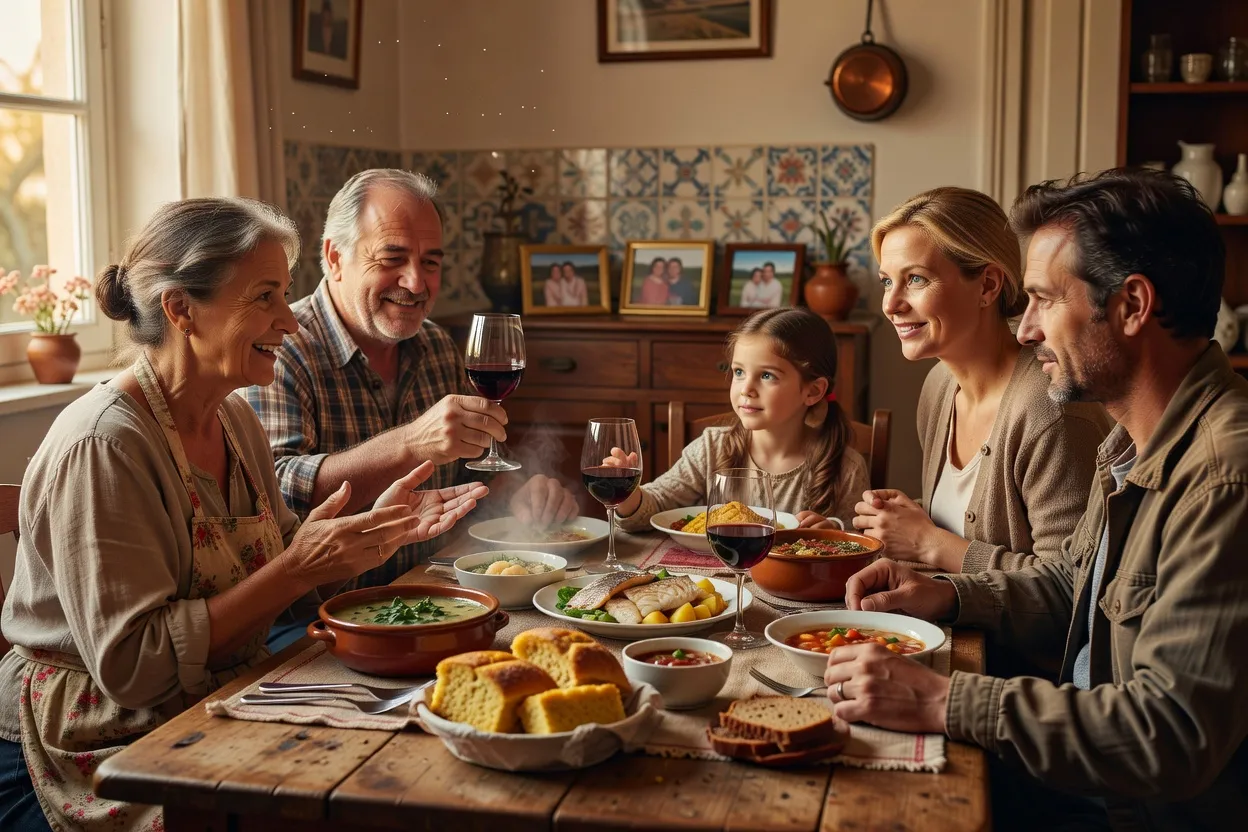 Família portuguesa a partilhar uma refeição com uma família ucraniana acolhida