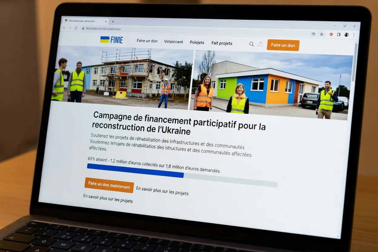 Écran d’ordinateur affichant une campagne de financement participatif pour l’Ukraine