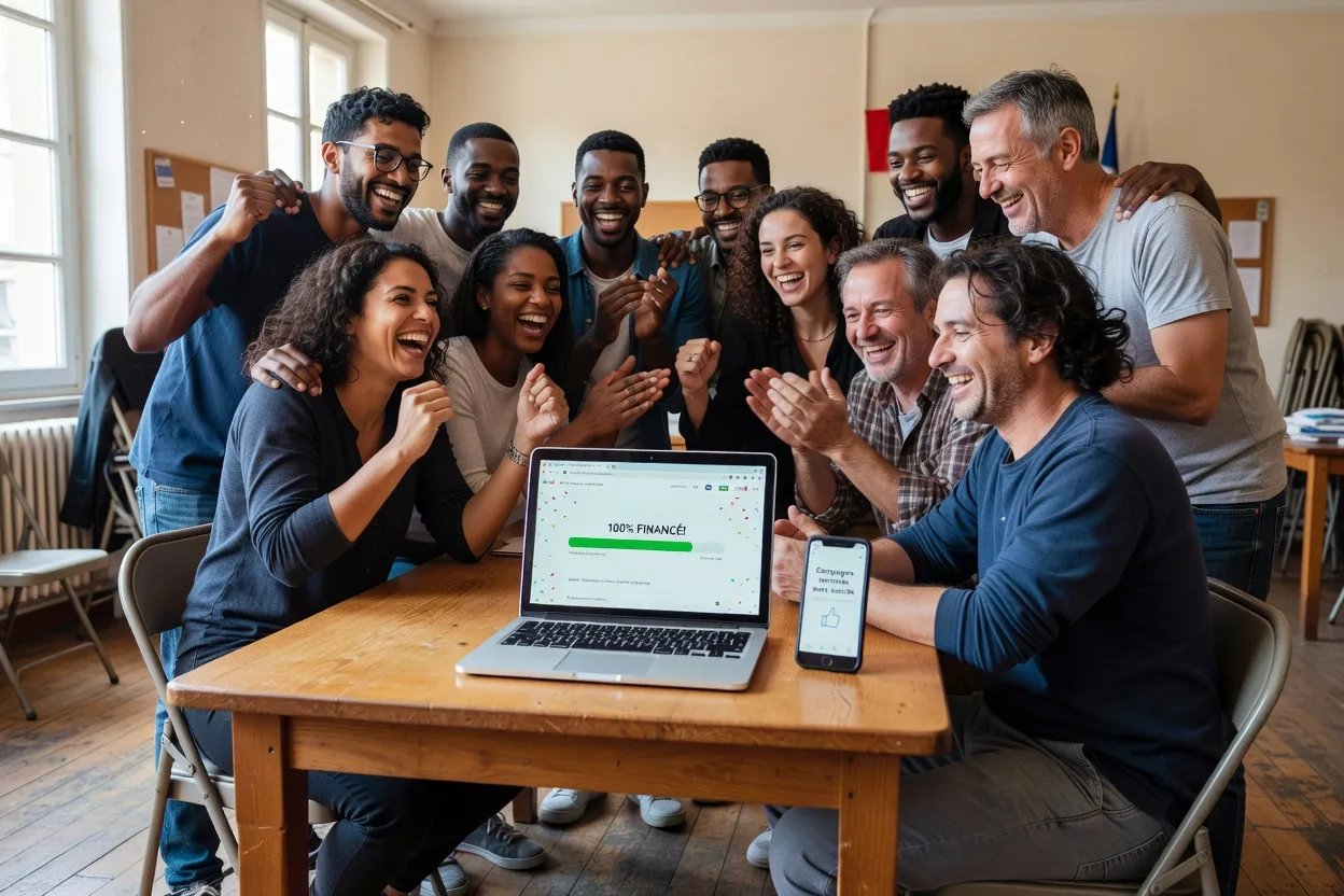 Groupe de bénévoles français célébrant le succès d’une collecte participative