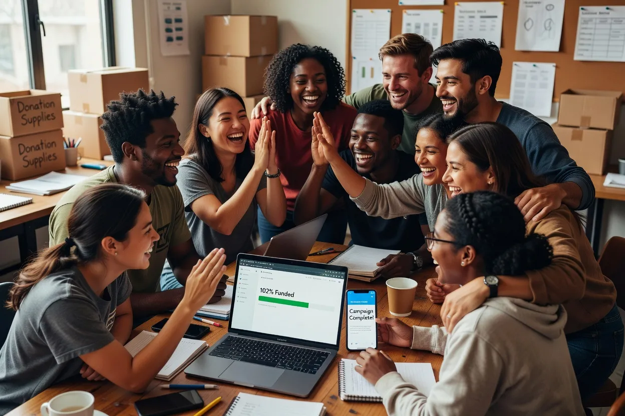 Voluntários a celebrar o sucesso de uma campanha de financiamento colaborativo