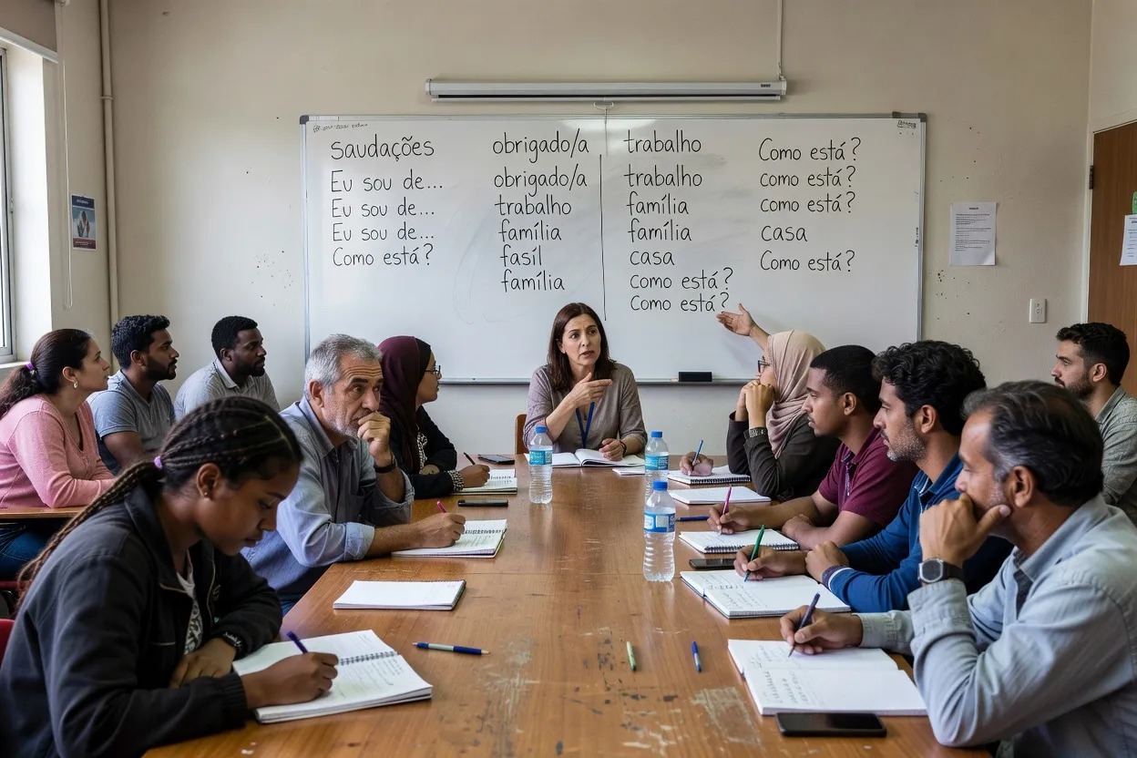Sessão de formação em português para colaboradores refugiados numa empresa