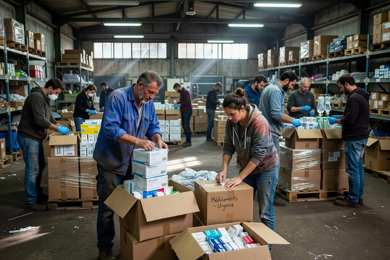 Kit de premiers secours prepare pour un envoi humanitaire vers l’Ukraine