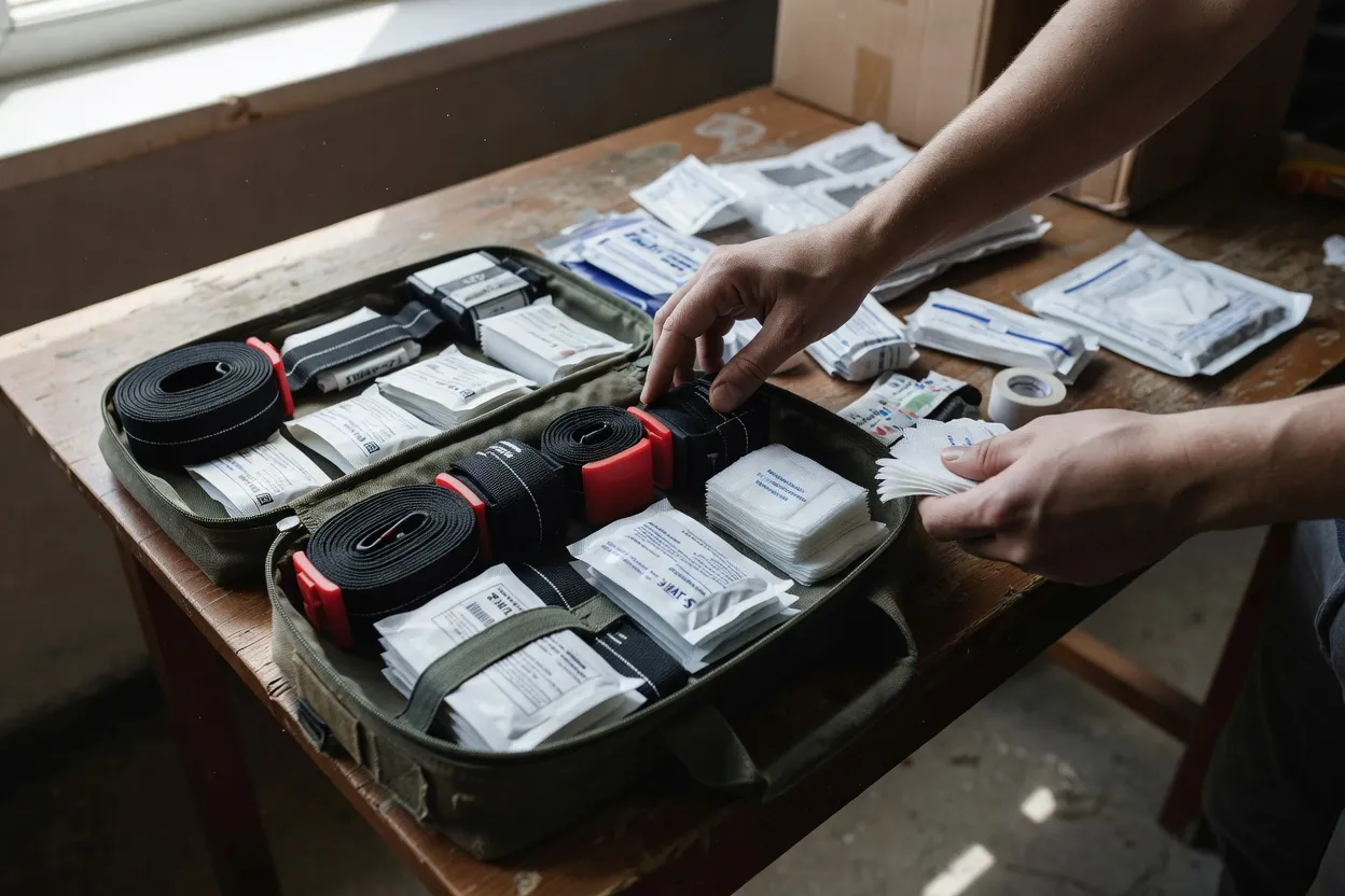 Kit de primeiros socorros preparado para doação à Ucrânia