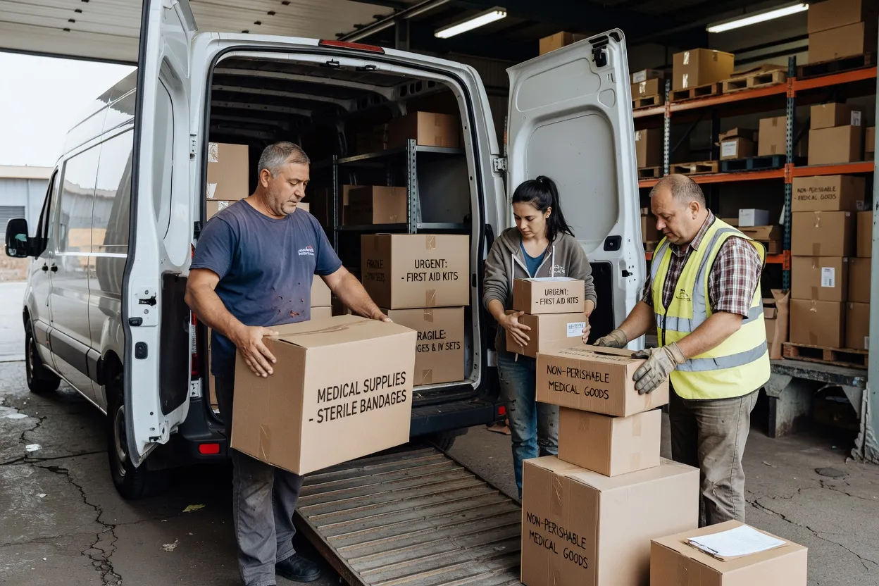 Voluntários a carregar caixas de material médico para envio à Ucrânia