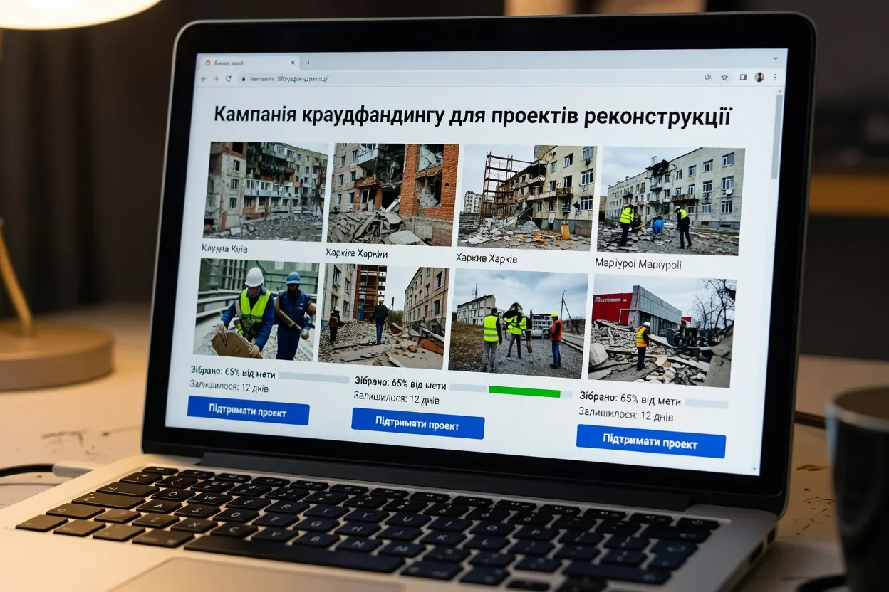 Екран ноутбука з українською краудфандинговою кампанією для відбудови
